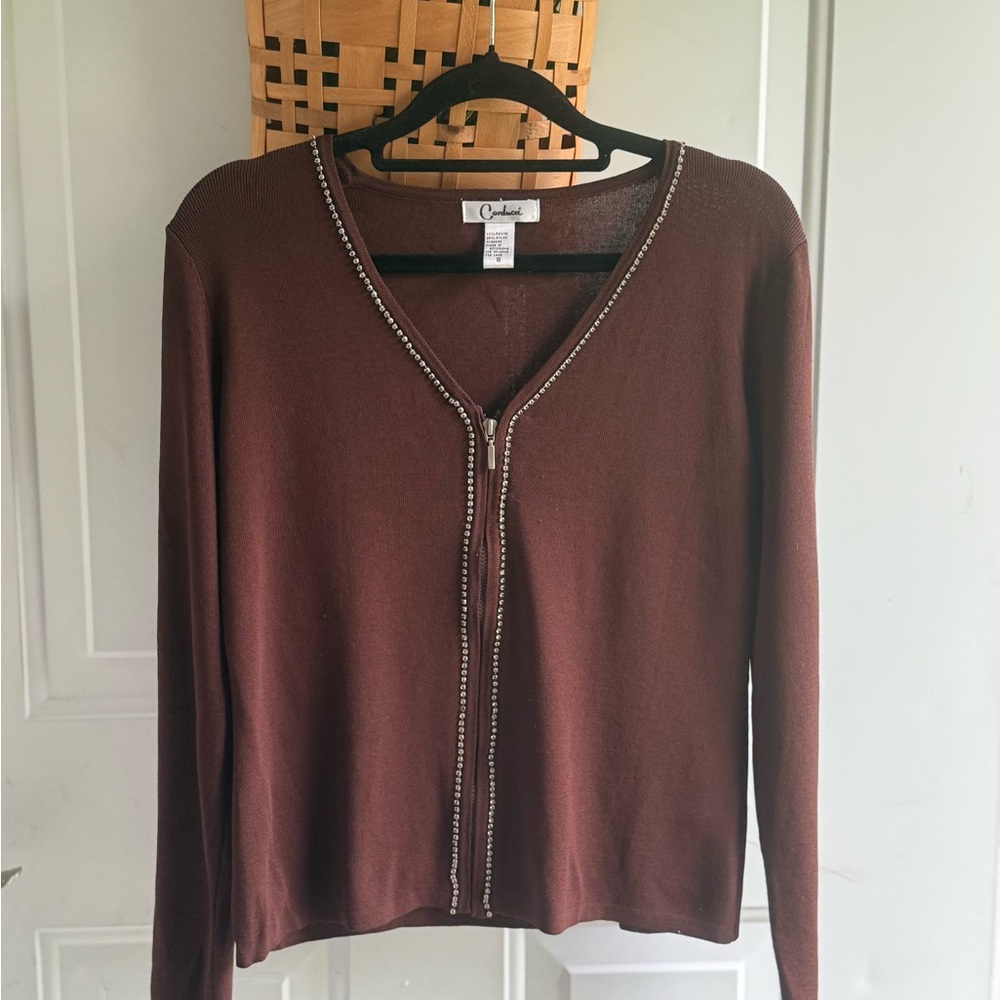 Brown V-Neck Cardigan Sweater with Zipper